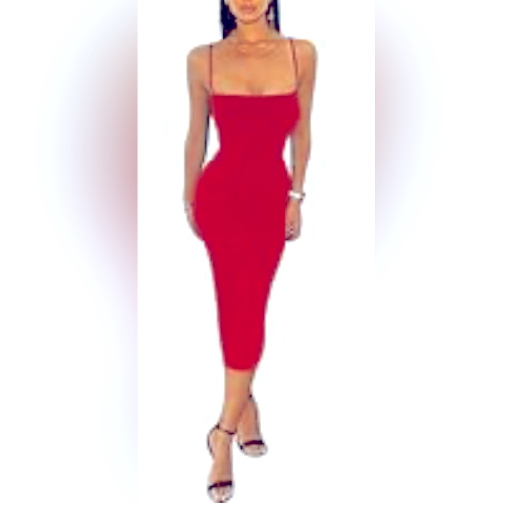 Sexy spaghetti strap sleeveless Bodycon mid size S red